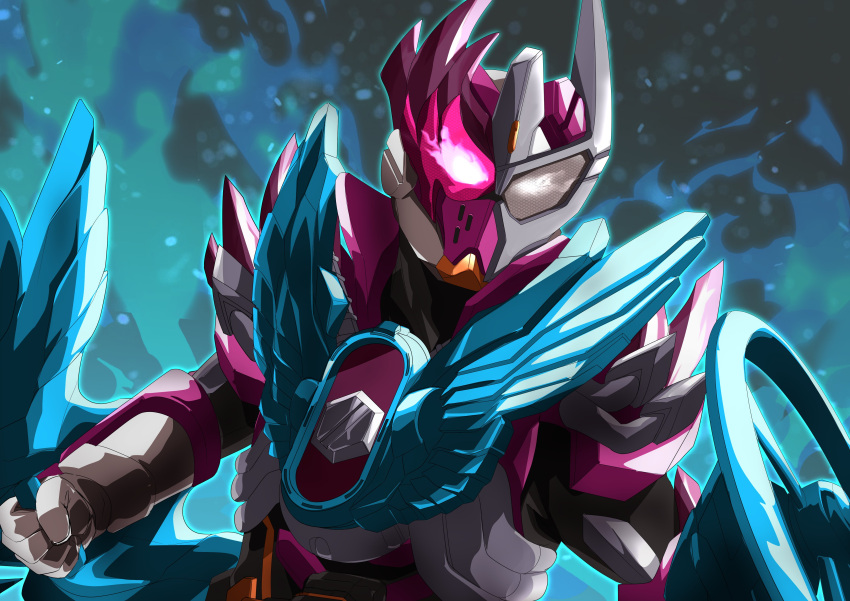 1boy, absurdres, angecopter, armor, asymmetrical_armor, blue_armor, bolt, bow_(weapon), commentary_request, driver_(kamen_rider), foreshortening, gauntlets, gloves, helmet, heterochromia, highres, holding, holding_bow_(weapon), holding_weapon, kamen_rider, kamen_rider_gotchard_(series), kamen_rider_valvarad, looking_at_viewer, male_focus, miyabi_(037), pink_eyes, power_armor, rider_belt, shoulder_spikes, smoke, solo, spikes, tokusatsu, valvaradriver, valvarusher, weapon, white_eyes, white_gloves