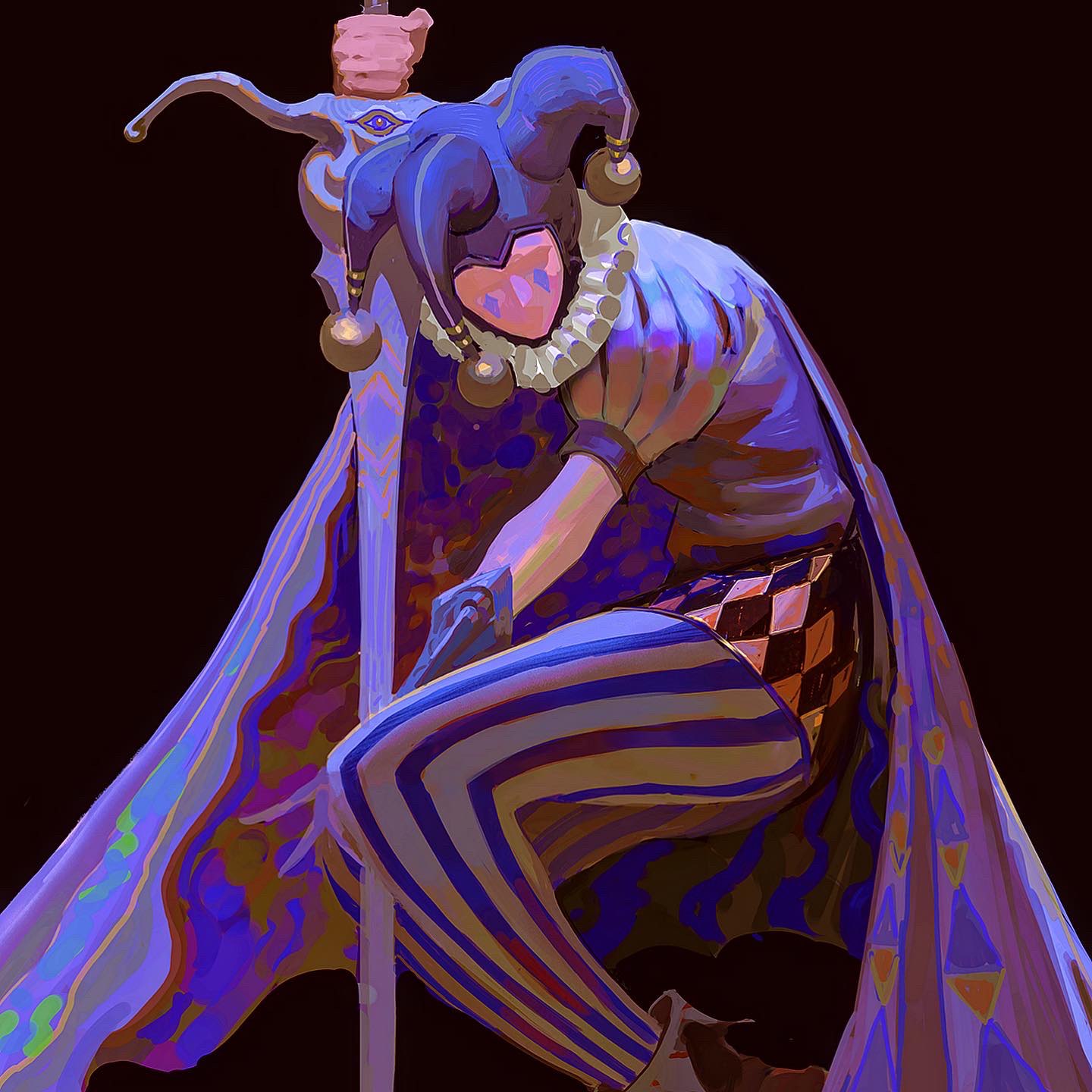 1boy, black_background, blue_gloves, cape, commentary, dark_green_background, english_commentary, faux_traditional_media