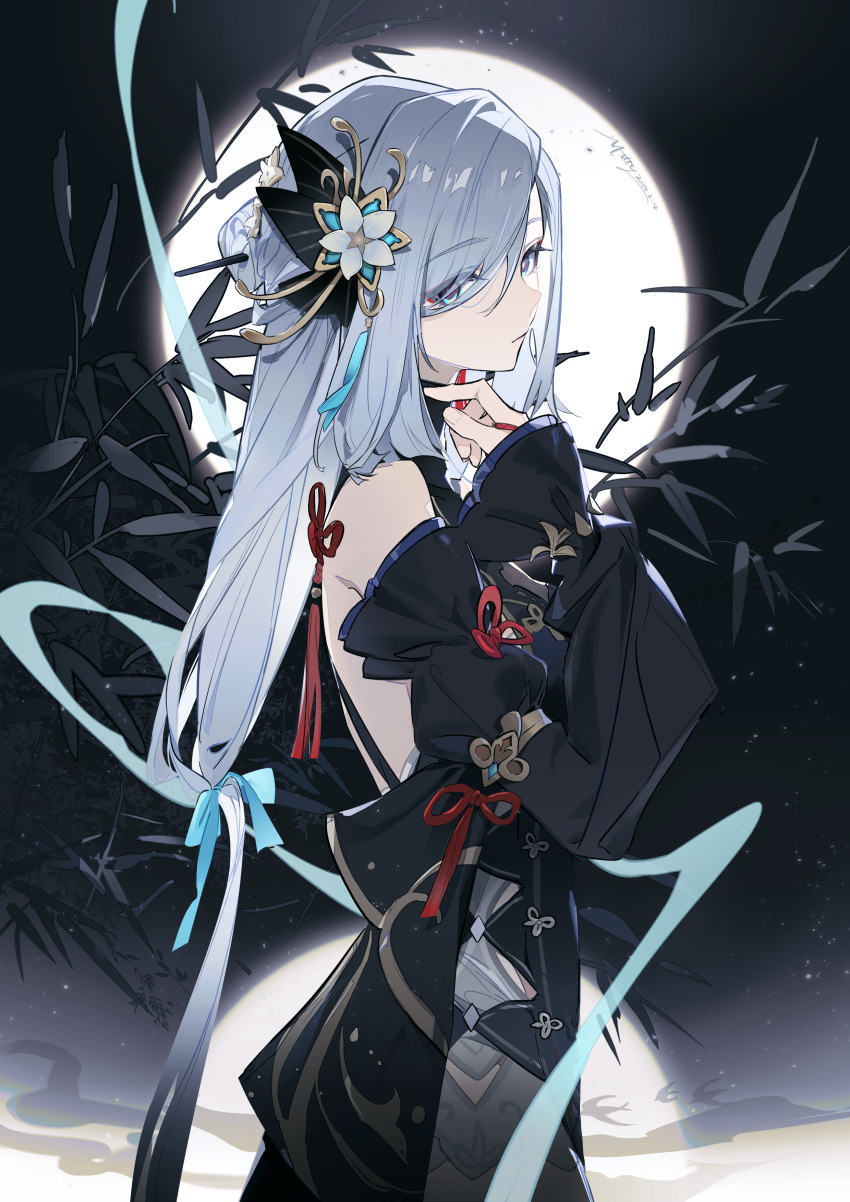 1girl, absurdres, bird, black_dress, black_sleeves, blue_eyes, blue_ribbon, closed_mouth