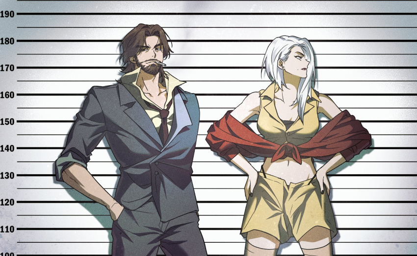 1boy, 1girl, alternate_costume, ashe_(overwatch), beard, black_nails, brown_hair, cassidy_(overwatch)