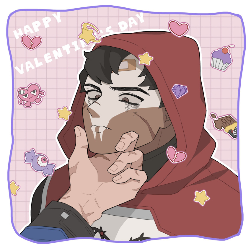 2boys, absurdres, black_hair, brown_eyes, candy, candy_wrapper, closed_mouth, cupcake