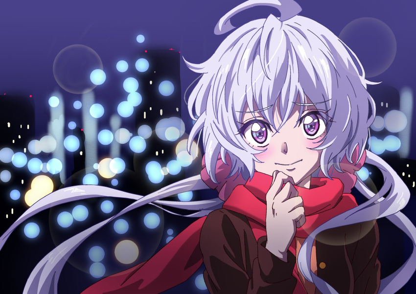 1girl, ahoge, blush, brown_jacket, cityscape, closed_mouth, floating_hair, floating_scarf, grey_hair, hair_ornament, hair_scrunchie, hand_up, highres, jacket, keeemu_(gouf2016), long_hair, looking_at_viewer, low_twintails, pink_scrunchie, red_scarf, scarf, scrunchie, senki_zesshou_symphogear, skyline, solo, twintails, upper_body, violet_eyes, yukine_chris