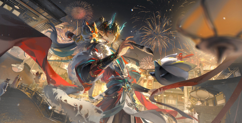 1boy, absurdres, alternate_costume, aqua_eyes, aqua_horns, architecture, black_hair, bridge