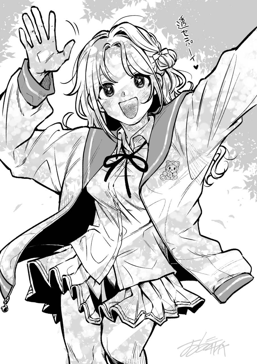 1girl, cardigan, commentary_request, greyscale, hair_bun, highres, ichikawa_hinana, idolmaster