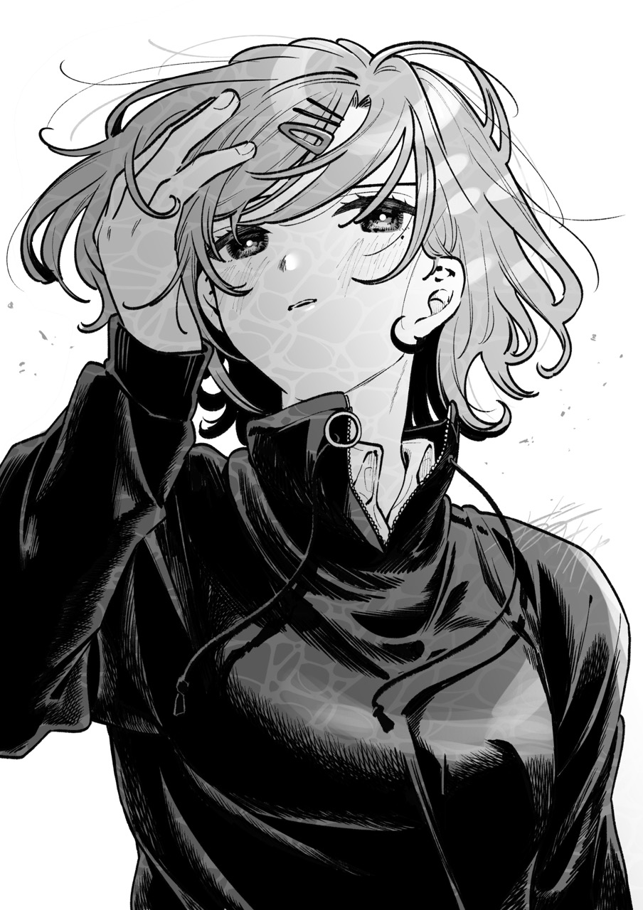 1girl, commentary_request, greyscale, hair_ornament, hairclip, highres, higuchi_madoka, idolmaster