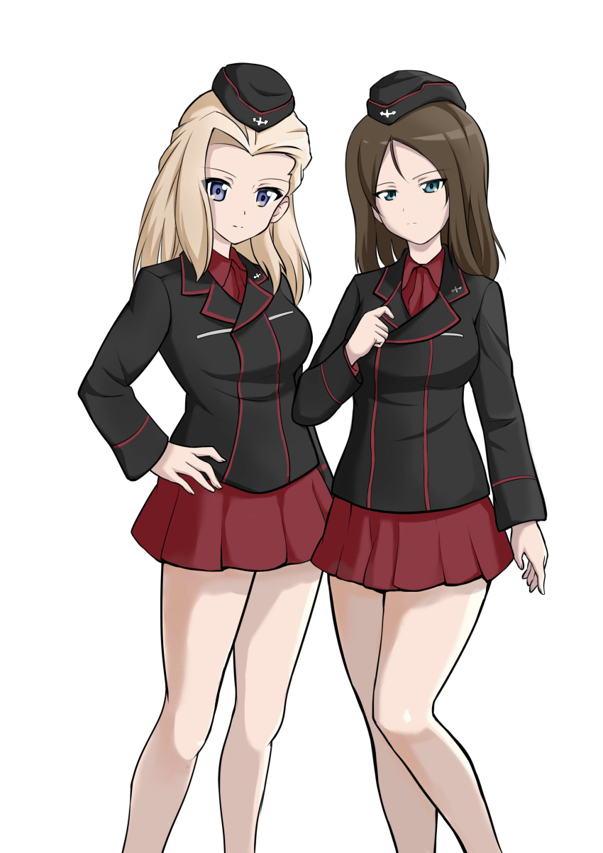 2girls, absurdres, alternate_costume, black_hair, black_headwear, black_jacket, blonde_hair, blue_eyes