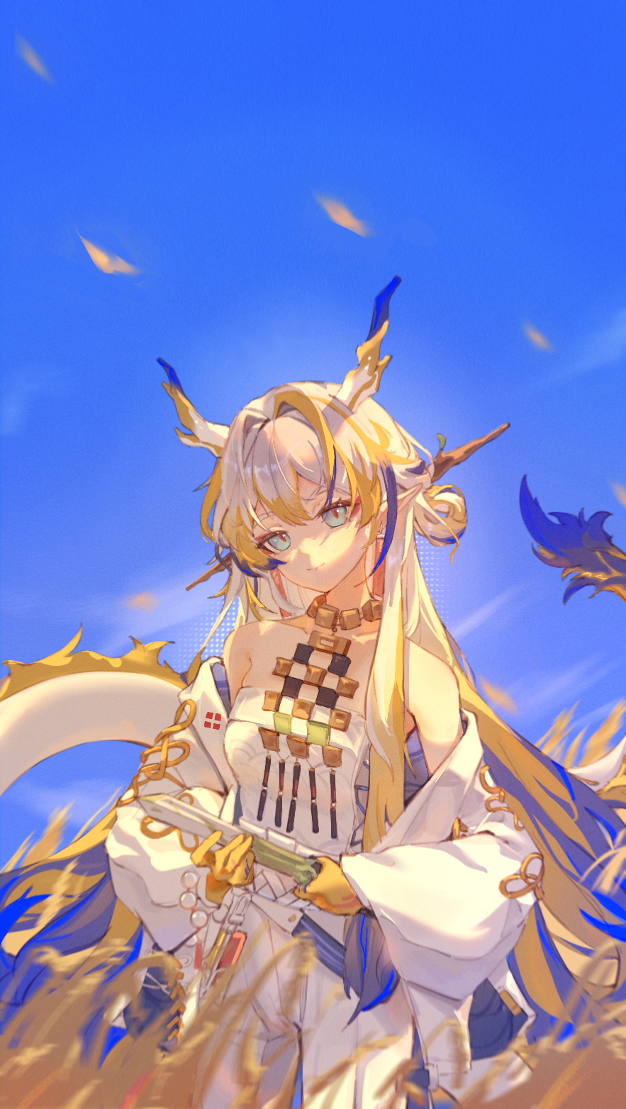 1girl, arknights, bare_shoulders, blue_eyes, blue_sky, blurry, blurry_foreground, breasts