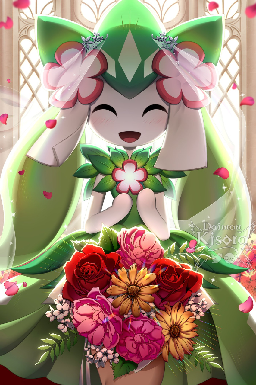 1girl, artist_name, bridal_veil, closed_eyes, commentary, daimonkisora, english_commentary, falling_petals, flower, highres, light_blush, monster_girl, open_mouth, pal_(creature), palworld, petallia, petals, pink_flower, pink_petals, plant_girl, red_flower, red_rose, rose, smile, twitter_logo, veil, yellow_flower