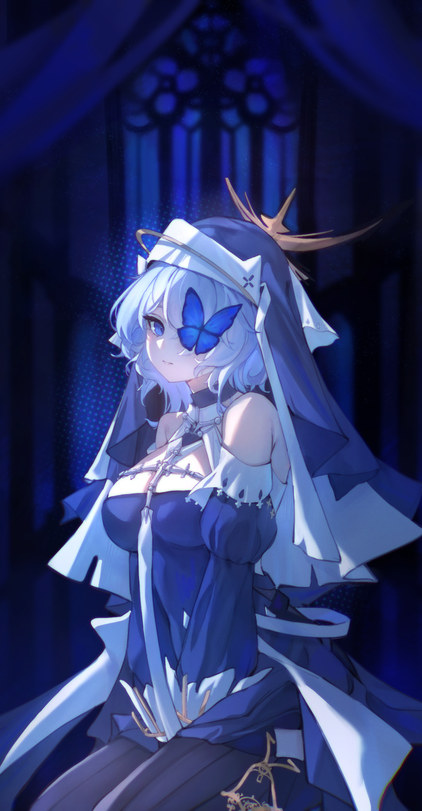 1girl, arknights, bare_shoulders, blue_butterfly, blue_dress, blue_eyes, blue_theme, breasts