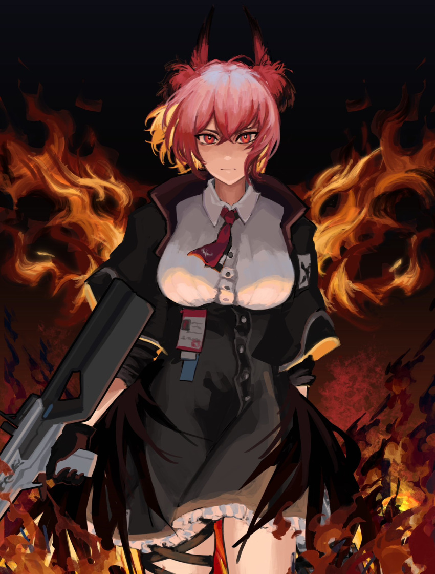 1girl, arknights, black_background, black_gloves, black_jacket, black_skirt, breasts, closed_mouth