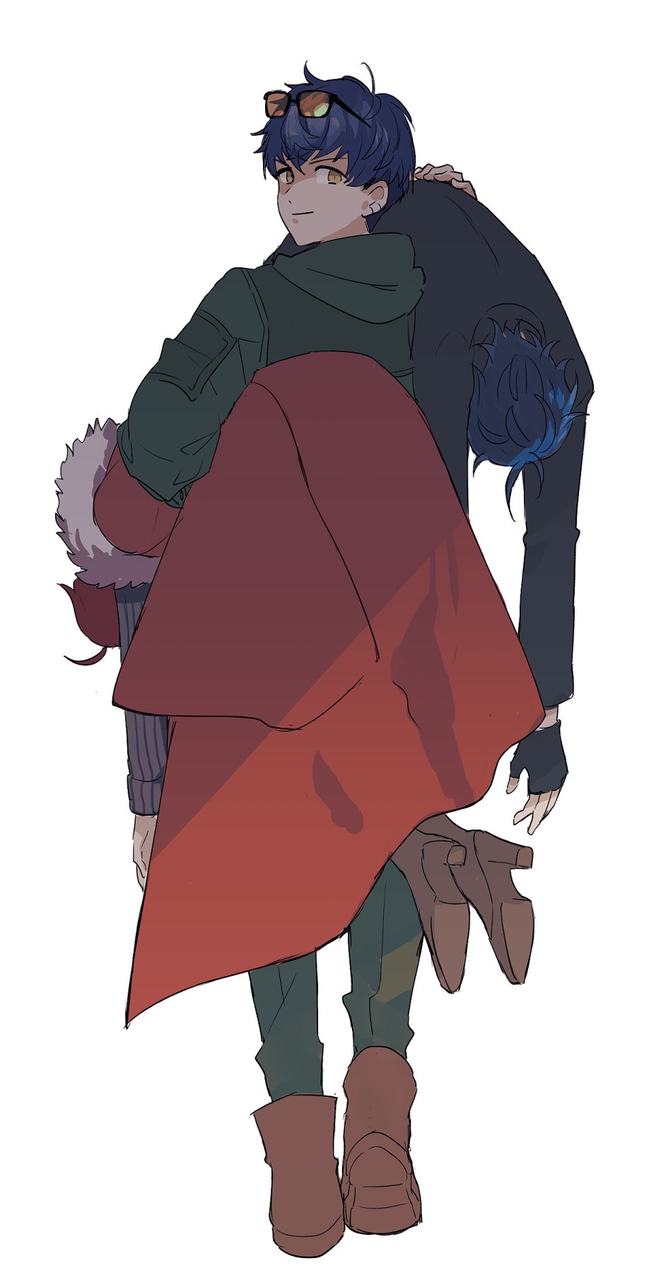 3boys, ahoge, black_gloves, black_jacket, blue_hair, boots, borrowed_accessory, brown_footwear