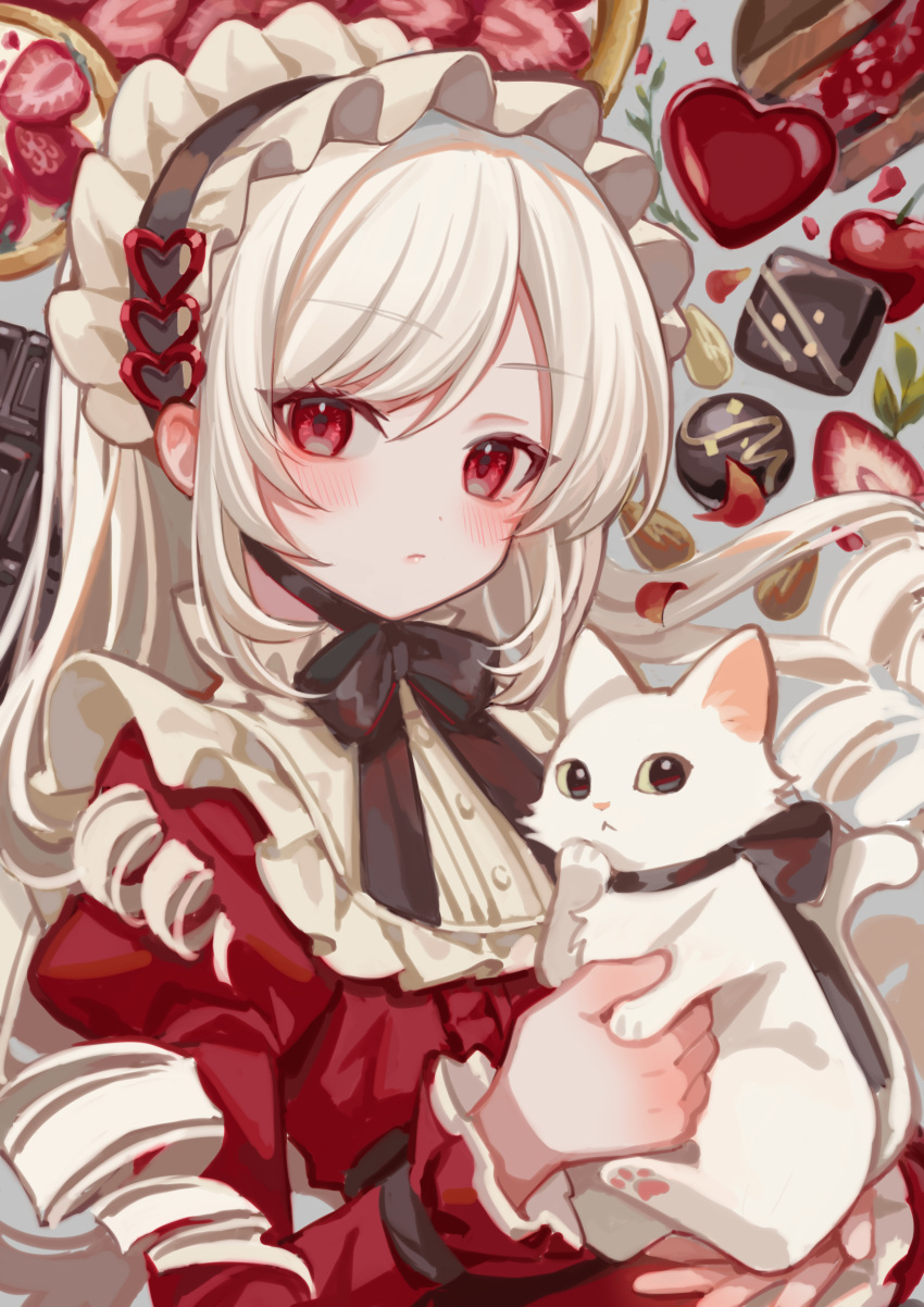 1girl, absurdres, animal, animal_ear_fluff, black_hairband, blush, cat, chocolate