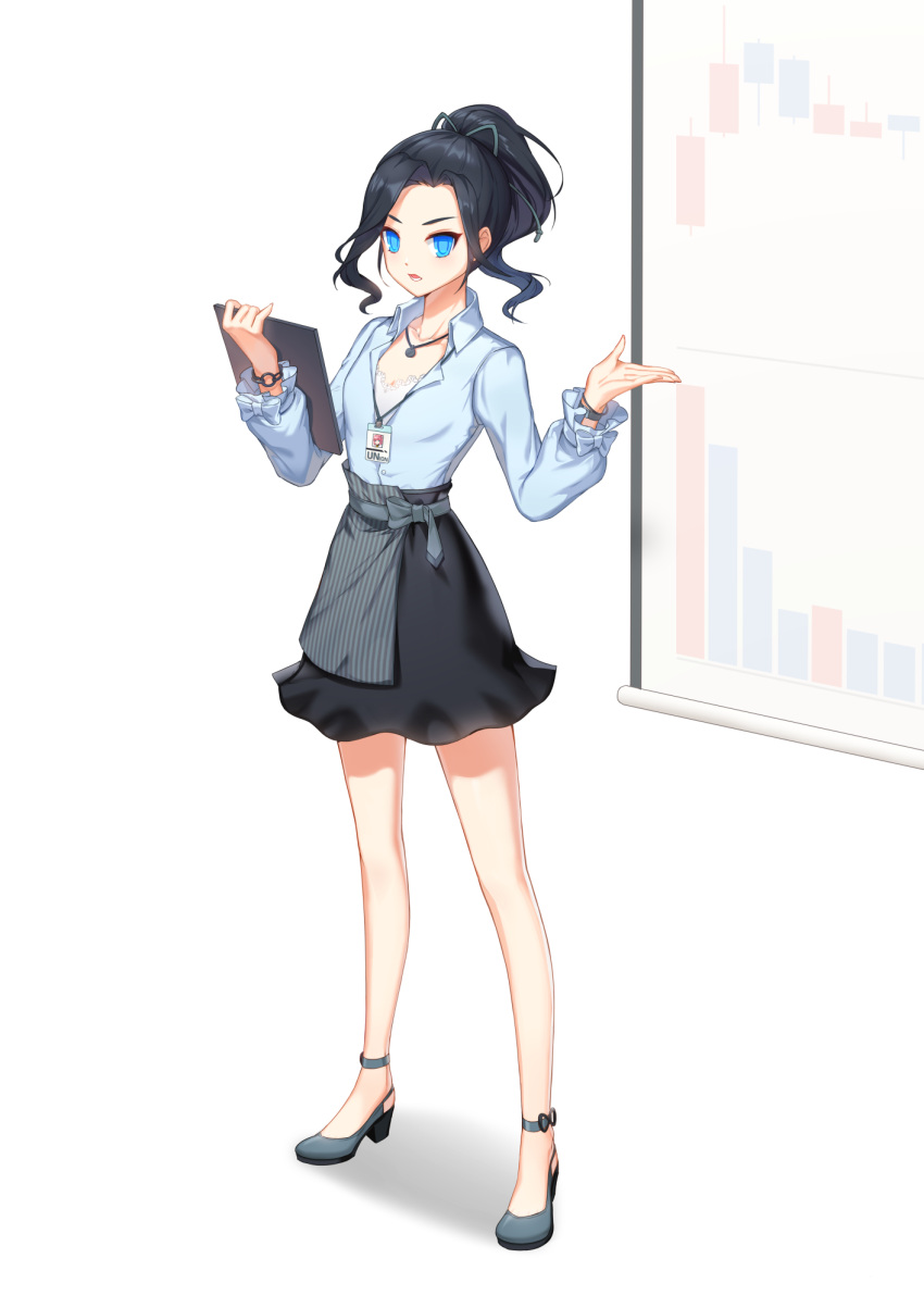 1girl, alternate_hair_color, anklet, bar_graph, bare_legs, black_hair, black_skirt, blue_bow