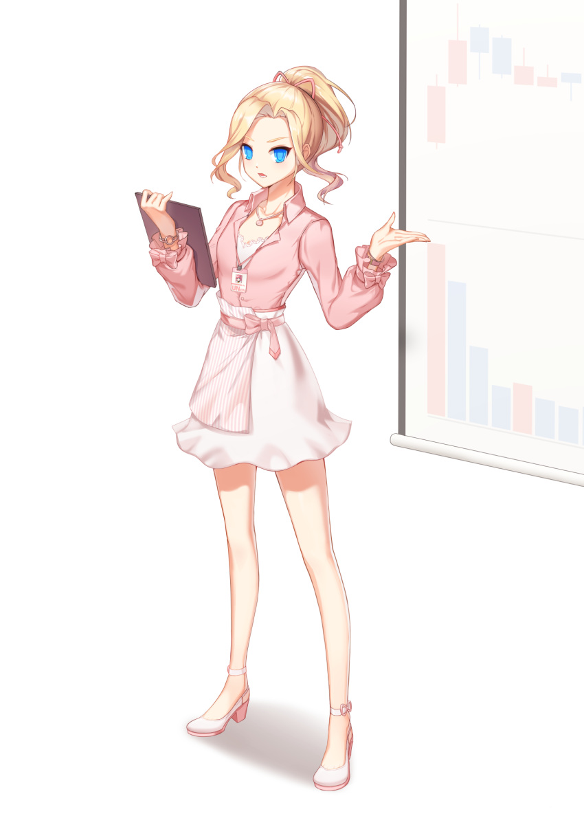 1girl, alternate_hair_color, anklet, bar_graph, bare_legs, blonde_hair, blue_eyes, bow