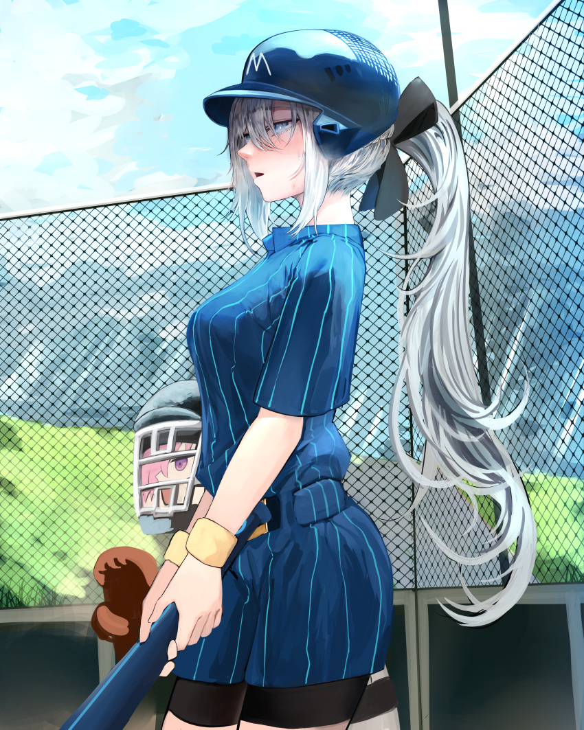 2girls, absurdres, baseball, baseball_bat, baseball_cap, baseball_helmet, baseball_jersey, baseball_mitt