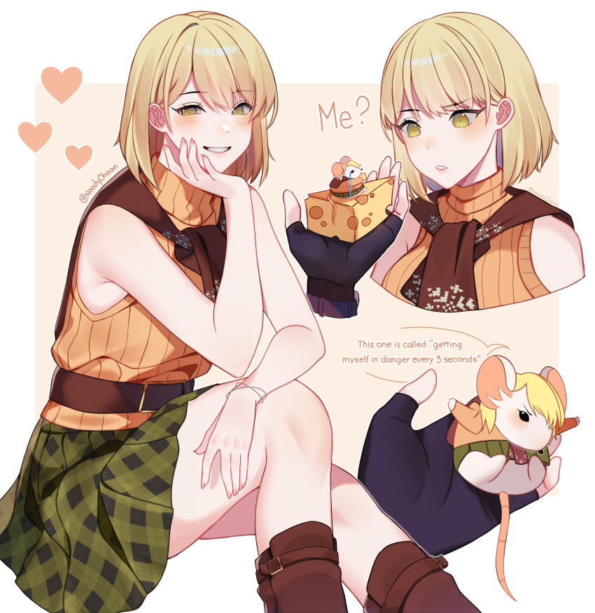 1boy, 1girl, absurdres, ashley_graham, ashley_graham_(mouse), blonde_hair, blush, boots, cheese, crying, english_text, fingerless_gloves, food, gloves, highres, leon_s._kennedy, mouse_girl, noodychaan, resident_evil, resident_evil_4, scarf, skirt, sleeveless, sleeveless_turtleneck, smile, sweater, teeth, turtleneck, turtleneck_sweater, yellow_eyes