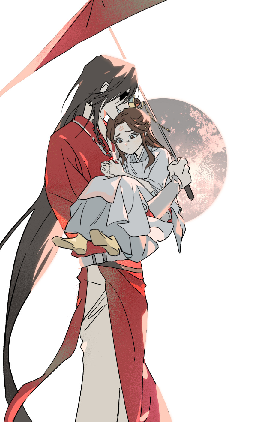 2boys, aged_down, beads, belt, bracer, braid, brown_eyes, brown_hair, chinese_clothes, eyepatch, facial_mark, forehead_mark, hair_bun, hanfu, highres, holding, holding_umbrella, hua_cheng, long_hair, multiple_boys, oil-paper_umbrella, qn_rkr2, simple_background, smile, tianguan_cifu, umbrella, white_background, xiao_guan_(headdress), xie_lian