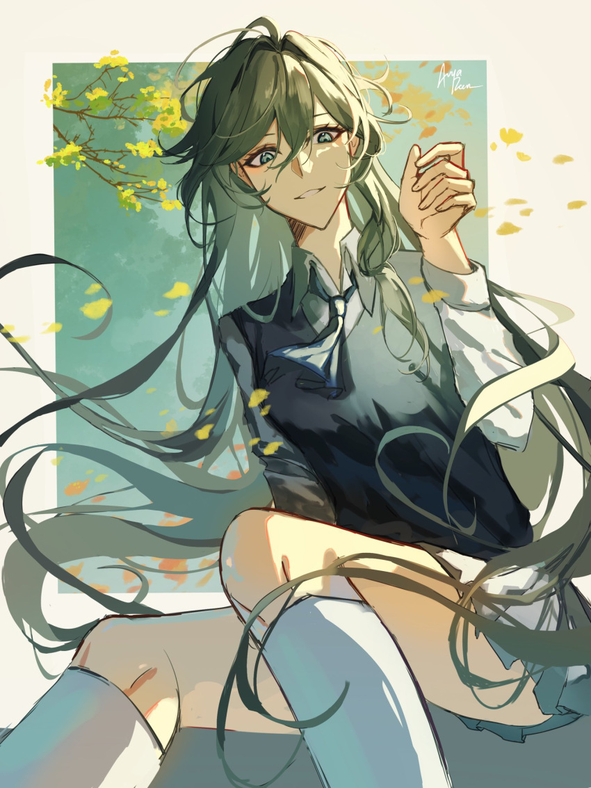 1girl, alternate_hairstyle, avyarenne, black_shirt, blue_eyes, blue_hair, blue_vest, branch