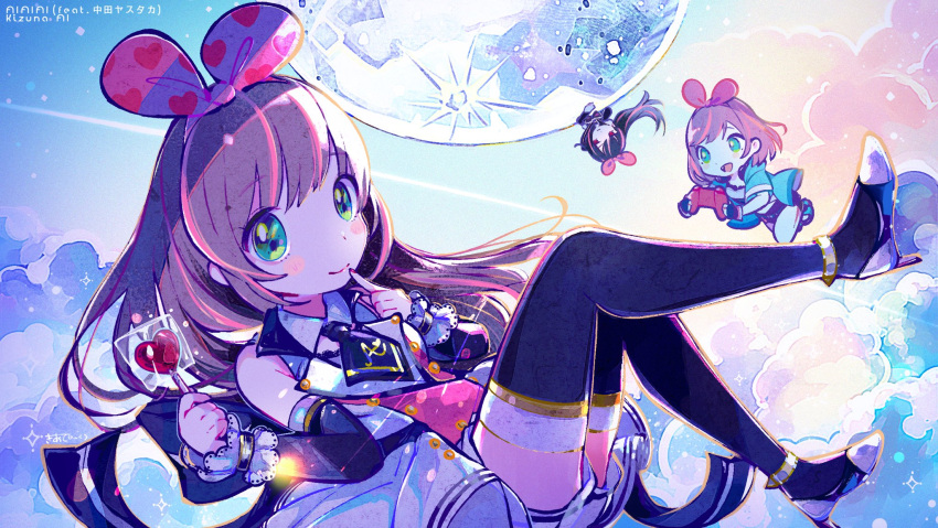 3girls, bare_shoulders, black_ai, black_necktie, black_thighhighs, blue_jacket, blue_sky, bow, brown_hair, candy, closed_mouth, clouds, commentary, controller, detached_sleeves, english_commentary, finger_to_mouth, floating, food, game_controller, green_eyes, hair_bow, hairband, heart, heart_lollipop, high_heels, highres, holding, holding_candy, holding_controller, holding_food, holding_game_controller, holding_lollipop, jacket, kiato, kizuna_ai, kizuna_ai_(a.i._games), kizuna_ai_inc., lollipop, long_hair, looking_at_viewer, moon, multicolored_hair, multiple_girls, necktie, pink_bow, pink_hair, pink_hairband, shaped_lollipop, shoes, shorts, signature, sky, smile, streaked_hair, thigh-highs, virtual_youtuber, white_shorts
