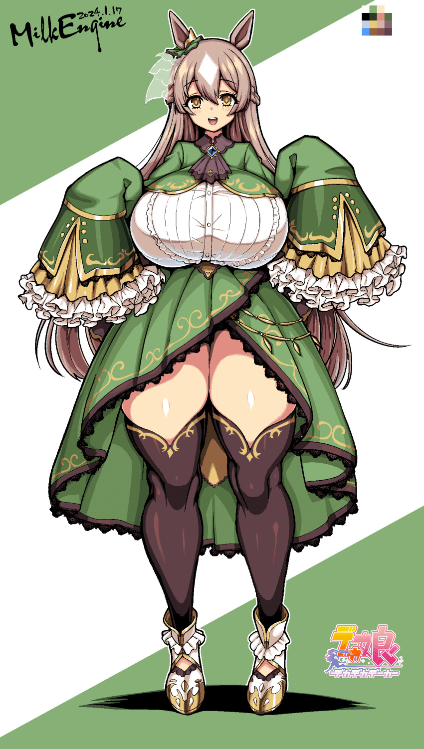 1girl, absurdres, animal_ears, artist_name, breasts, brooch, brown_eyes, brown_thighhighs, color_guide, dated, dress, frilled_sleeves, frills, full_body, green_dress, highres, horse_ears, horse_girl, huge_breasts, jewelry, kyosuke_fujiwara, light_brown_hair, long_hair, satono_diamond_(umamusume), simple_background, sleeves_past_fingers, sleeves_past_wrists, solo, standing, tachi-e, thick_thighs, thigh-highs, thighs, umamusume, very_long_hair, zettai_ryouiki