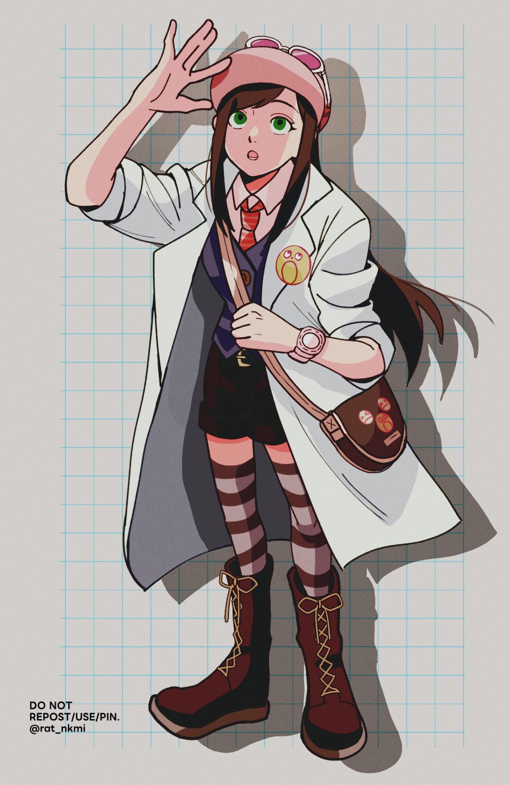 1girl, :o, ace_attorney, ace_attorney_investigations, bag, boots, brown_bag, brown_footwear, brown_hair, coat, collared_shirt, ema_skye, ema_skye_(aai), eyewear_on_headwear, full_body, green_eyes, grid_background, hat, highres, lab_coat, long_hair, looking_up, lower_teeth_only, necktie, open_clothes, open_coat, open_mouth, pink_headwear, rat_nkmi, red_necktie, shadow, shirt, shorts, shoulder_bag, solo, striped_clothes, striped_thighhighs, sunglasses, teeth, thigh-highs, twitter_username, vest, white_coat