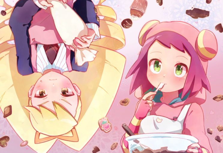 2girls, batter, blonde_hair, blush, brown_eyes, candy, chocolate, drill_hair