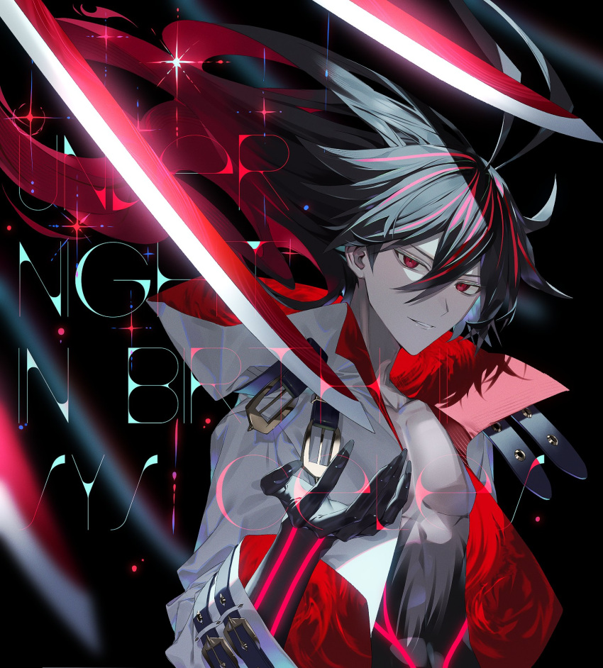1boy, black_hair, black_skin, colored_skin, floating, floating_object, floating_sword, floating_weapon