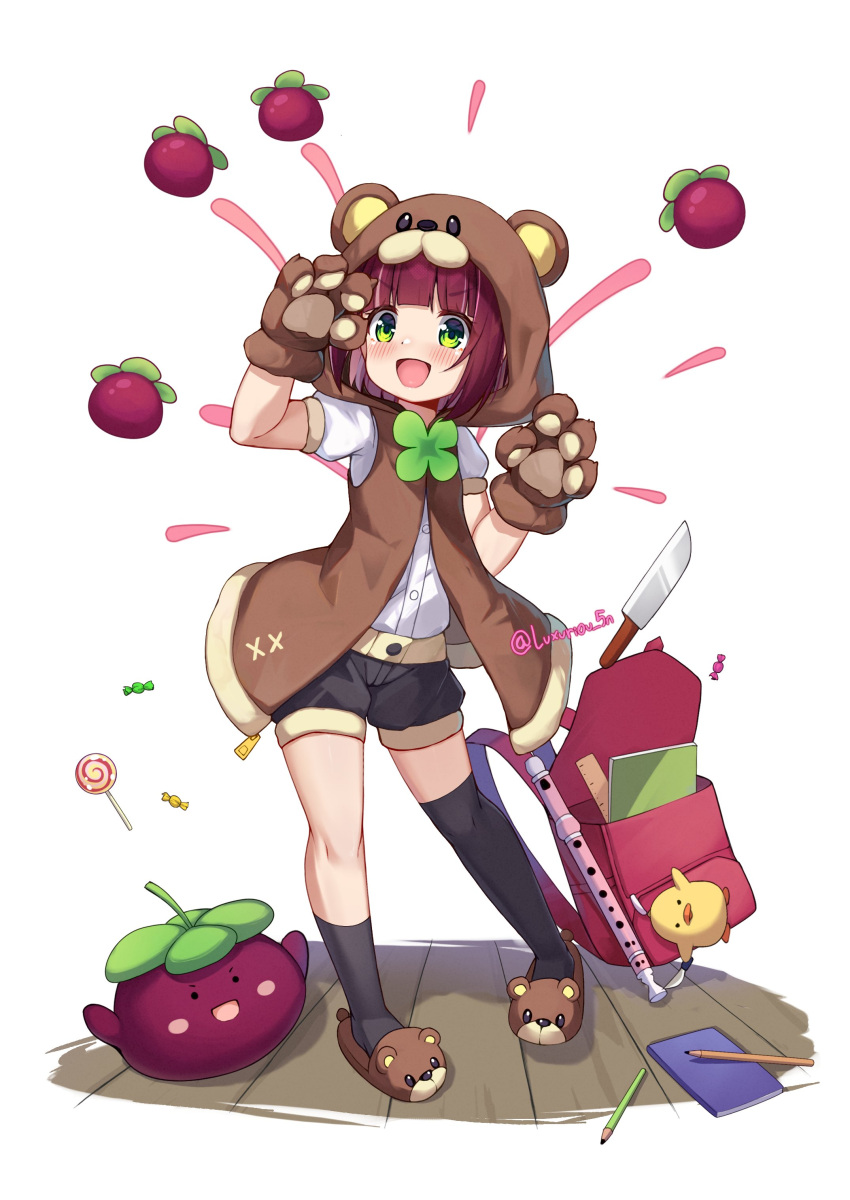absurdres, animal_costume, backpack, bag, bear_costume, child, flute, green_eyes