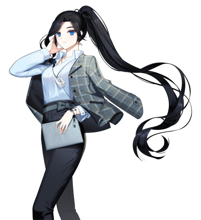 1girl, adjusting_hair, alternate_hair_color, bag, belt, belt_bow, black_hair, black_pants
