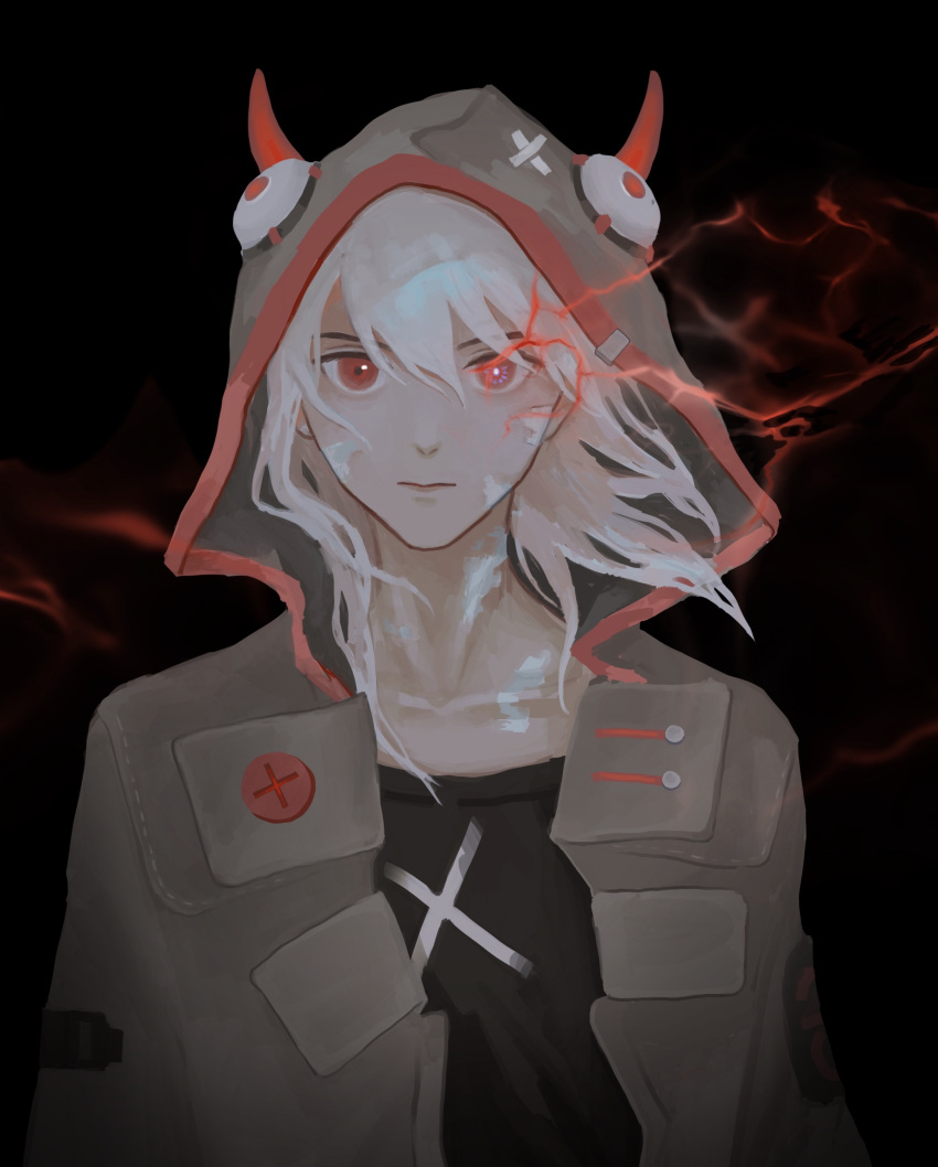 1girl, absurdres, atrovirens, black_background, black_shirt, buttons, closed_mouth, collarbone, cytus, cytus_ii, electricity, expressionless, green_jacket, hair_between_eyes, highres, hood, hood_up, horns, ivy_(cytus), jacket, looking_at_viewer, medium_hair, red_eyes, red_horns, shirt, simple_background, solo, straight-on, upper_body, vignetting, white_hair, x
