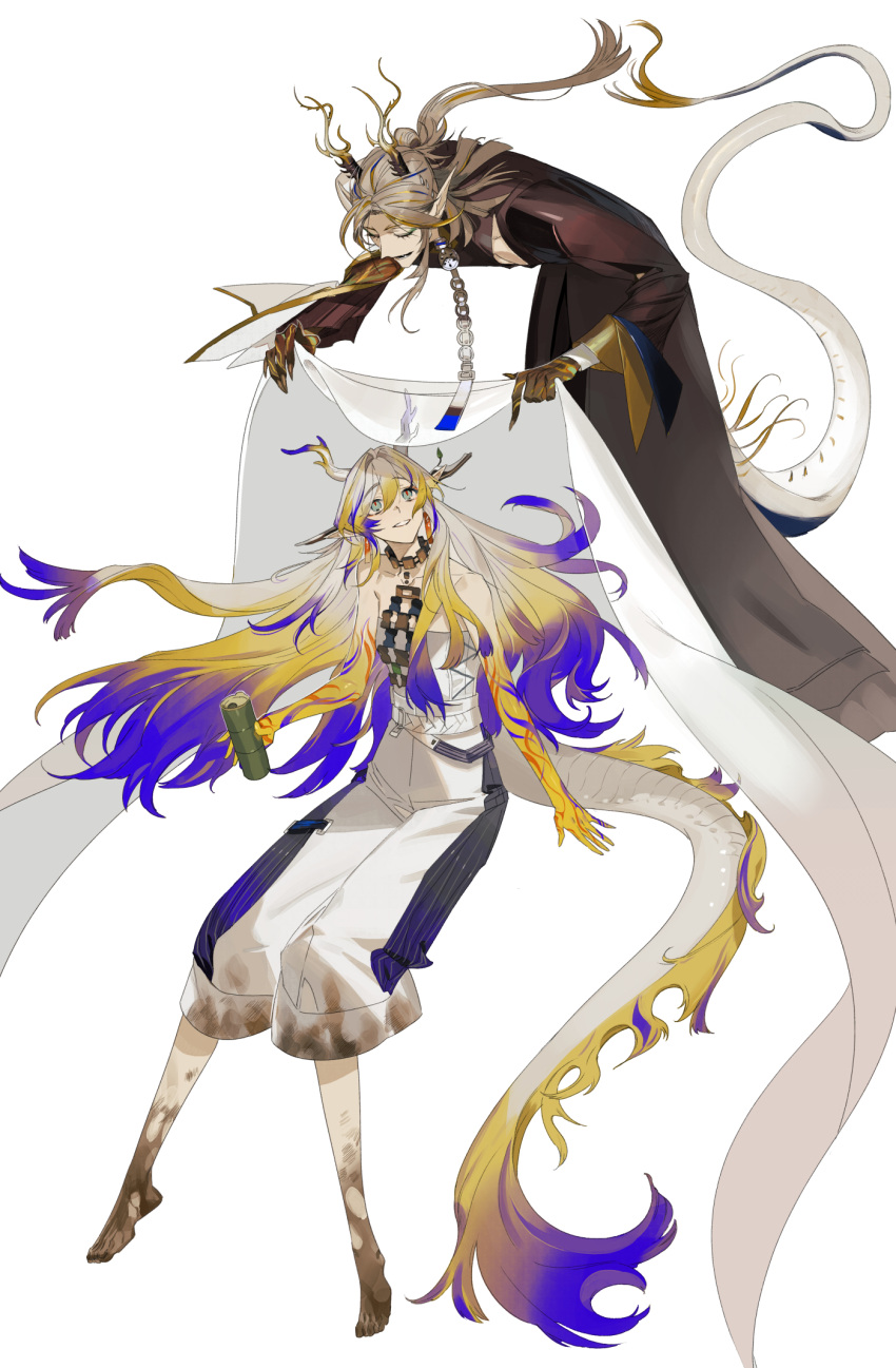 1boy, 1girl, :d, arknights, bamboo_bottle, bare_shoulders, barefoot, black_robe