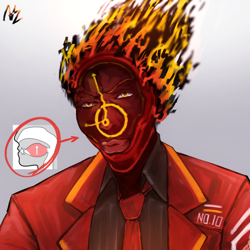 colored_skin, dante_(limbus_company), facial_tattoo, fiery_hair, highres, jacket, kazuya_guy_(meme), limbus_company