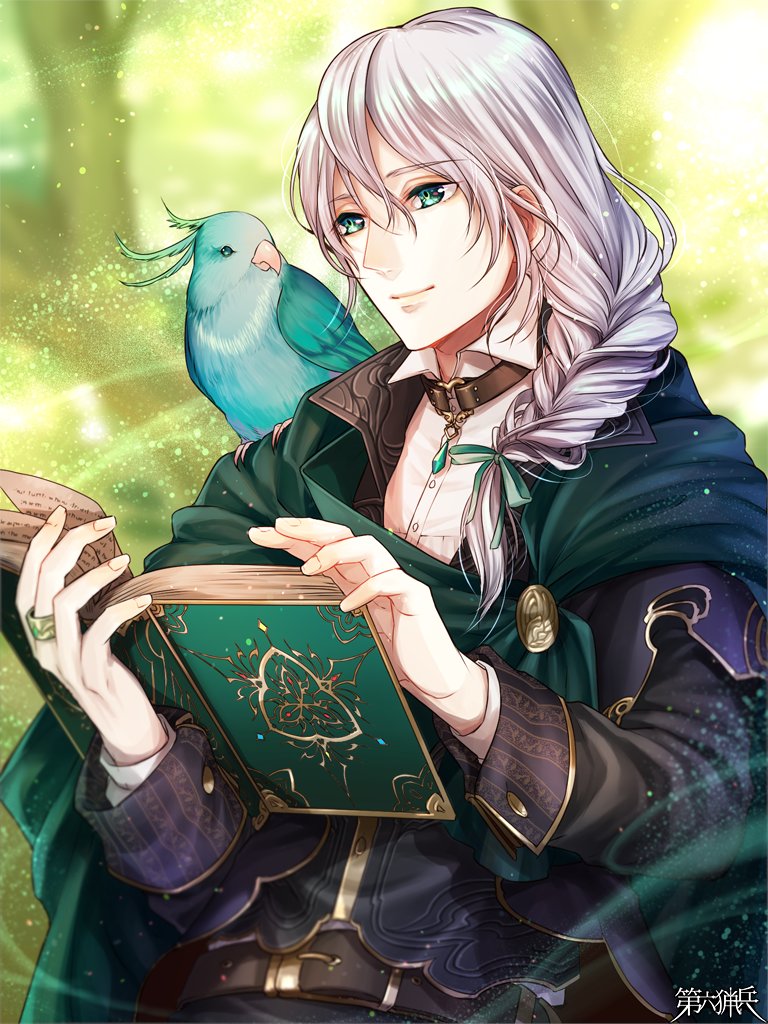 1boy, animal_on_shoulder, belt, belt_buckle, bird, bird_on_shoulder, black_jacket, blurry