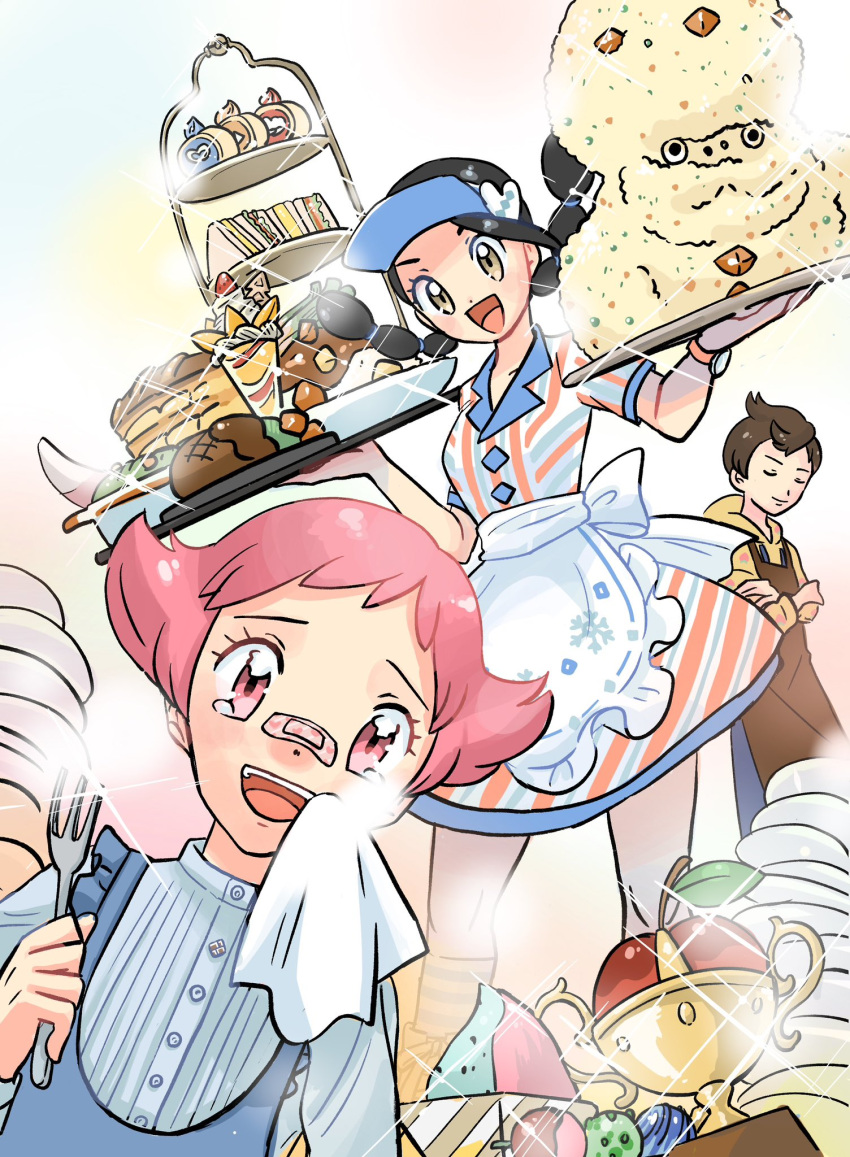 1boy, 2girls, :d, alternate_costume, apron, bandaid, bandaid_on_face, bandaid_on_nose