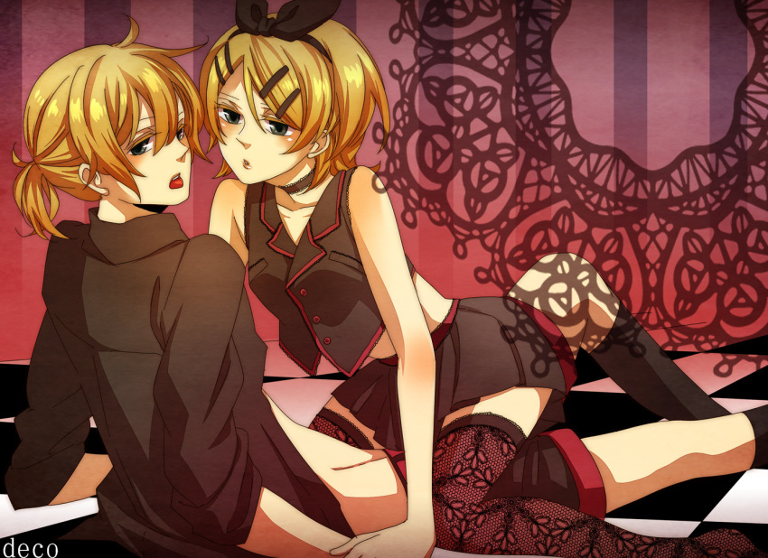blonde_hair, deco, girl_on_top, hair_ornament, hair_ribbon, hairclip, kagamine_len, kagamine_rin