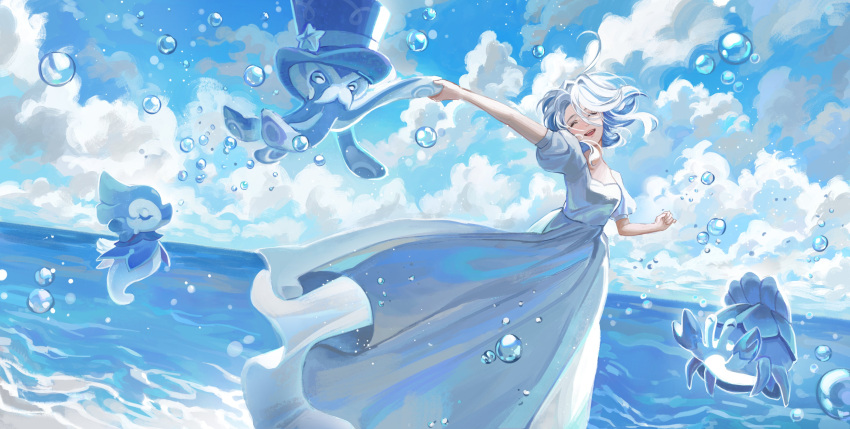 1girl, absurdres, alternate_costume, blue_sky, breasts, clouds, cloudy_sky, cowlick