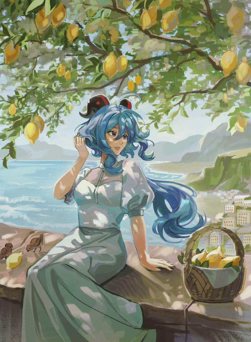 1girl, absurdres, alternate_costume, arm_support, basket, bird, blue_hair, breasts