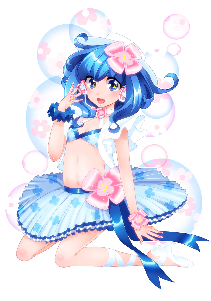 bikini_top, blue_eyes, blue_hair, cross-laced_footwear, flat_chest, flower, gojoe, hair_flower