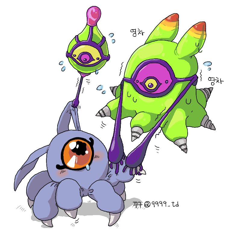 9999_td, algomon_baby_i, algomon_baby_ii, antennae, claws, digimon, digimon_(creature), floating, looking_at_another, pink_eyes, simple_background, tentacles, tsumemon, white_background, yellow_eyes