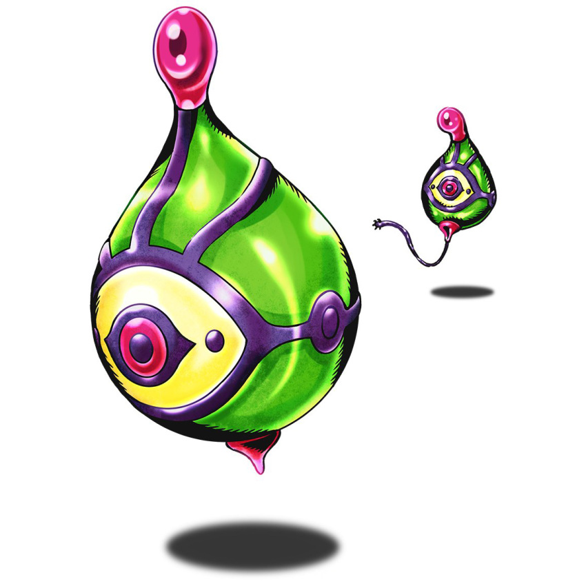 algomon_baby_i, colored_sclera, colored_skin, digimon, floating, green_skin, multicolored_eyes, official_art