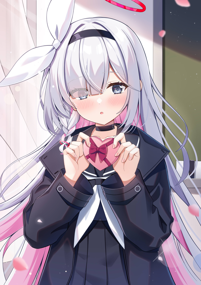 1girl, absurdres, black_choker, black_coat, black_eyes, black_hairband, black_sailor_collar, black_serafuku