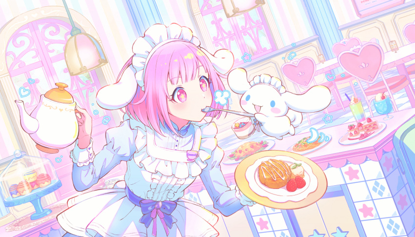 1boy, 1girl, animal_ears, blue_eyes, blush, blush_stickers, chair, cinnamon_roll