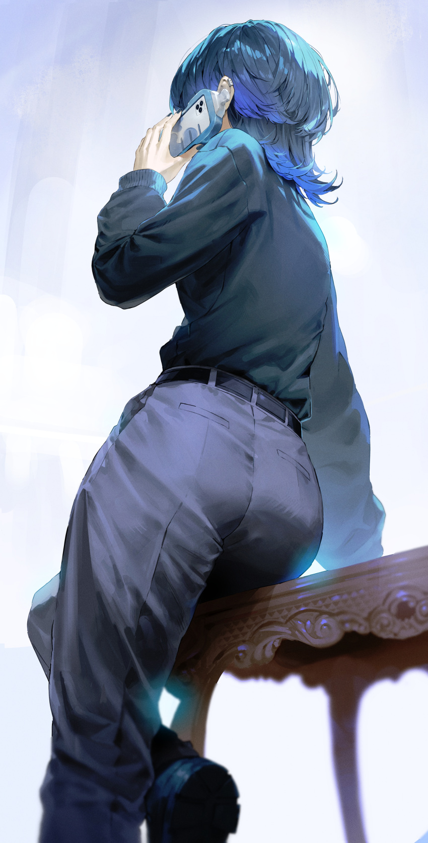 1girl, absurdres, androgynous, ass, blue_hair, blue_nails, from_behind, from_below