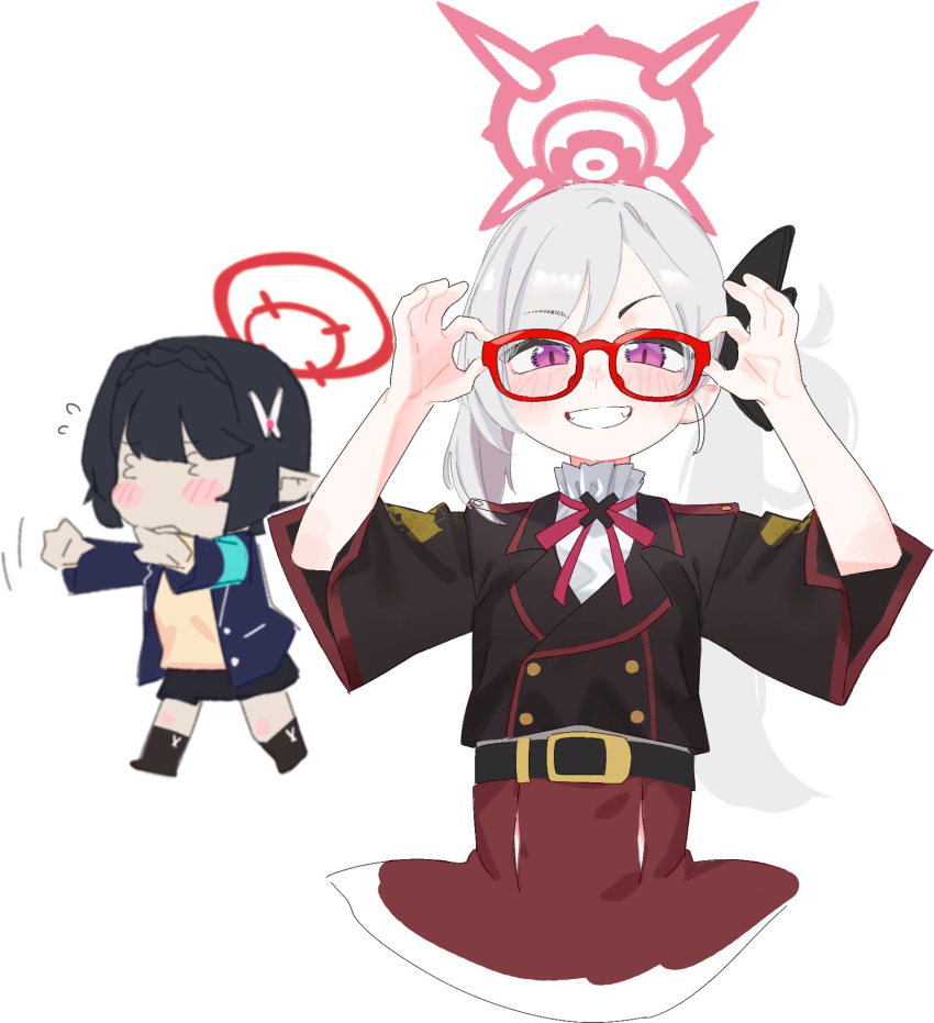 2girls, 3_3, ayane_(blue_archive), black_hair, blue_archive, chi-iz, chibi, glasses