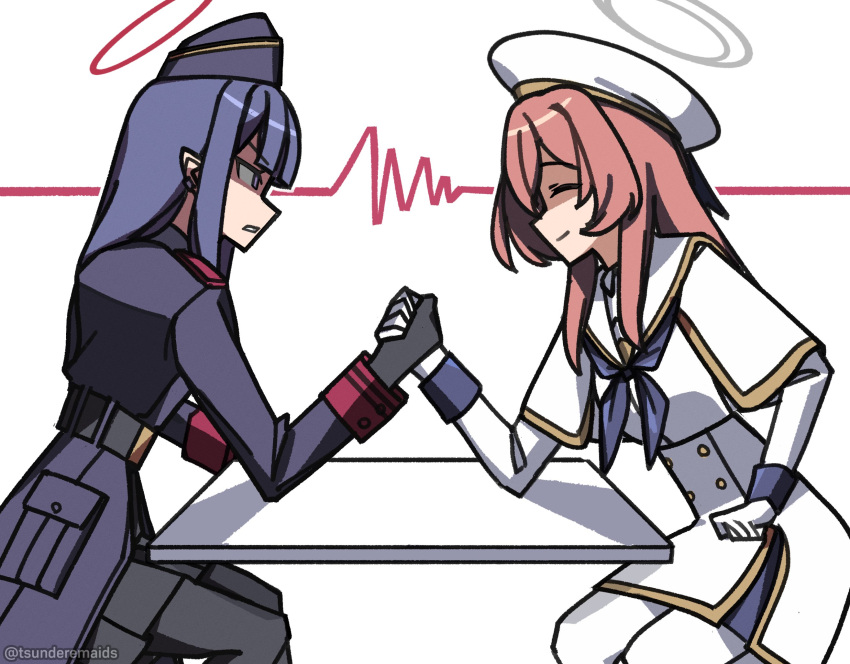 2girls, arm_wrestling, beret, black_gloves, black_hair, black_jacket, black_pantyhose, blue_archive, brown_hair, capelet, closed_eyes, gloves, halo, hat, highres, jacket, long_hair, long_sleeves, multiple_girls, pandemonium_society_member_(blue_archive), pantyhose, pointy_ears, table, tea_party_militant_(blue_archive), tsunderemaids, white_gloves, white_pantyhose