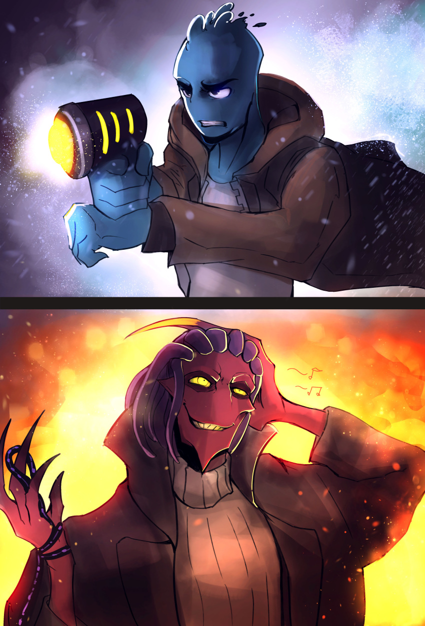 2boys, absurdres, beamed_eighth_notes, blue_skin, brown_jacket, claws, clenched_teeth, colored_skin, grin, gun, hand_on_own_head, highres, holding, holding_gun, holding_weapon, hood, hood_down, jacket, male_focus, meganosuke, multiple_boys, musical_note, osmosis_jones, osmosis_jones_(character), purple_hair, red_skin, shirt, sixteenth_note, smile, teeth, thrax_(osmosis_jones), upper_body, weapon, white_shirt, yellow_eyes