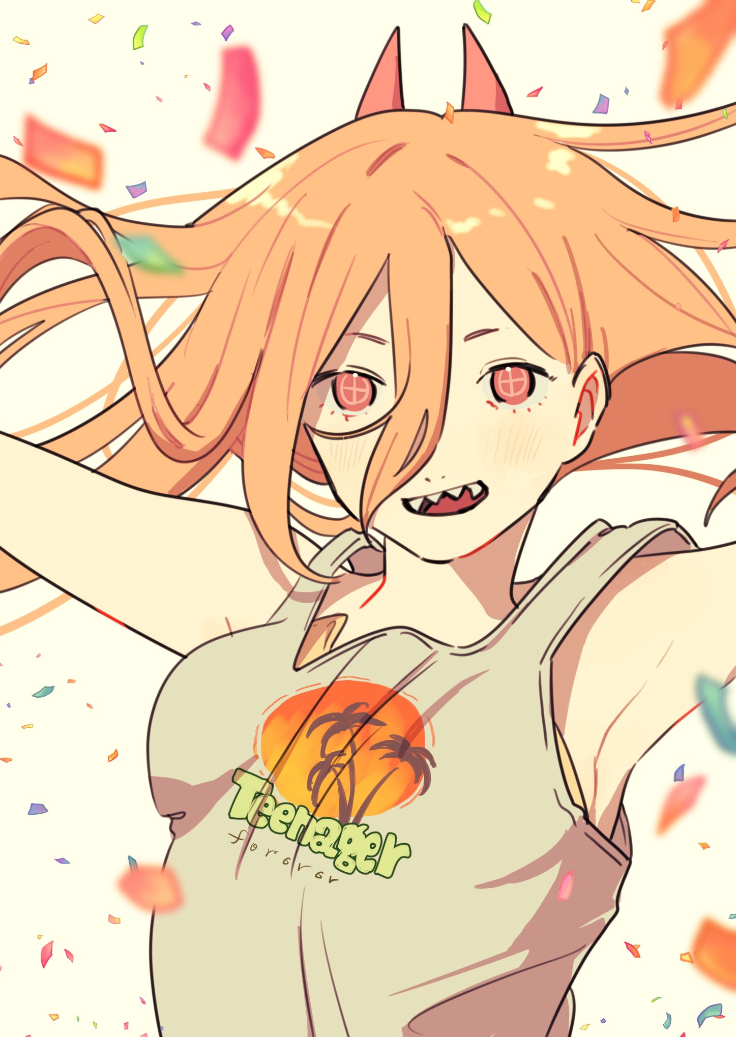 1girl, armpits, breast_padding, chainsaw_man, commentary_request, confetti, cross-shaped_pupils, english_text