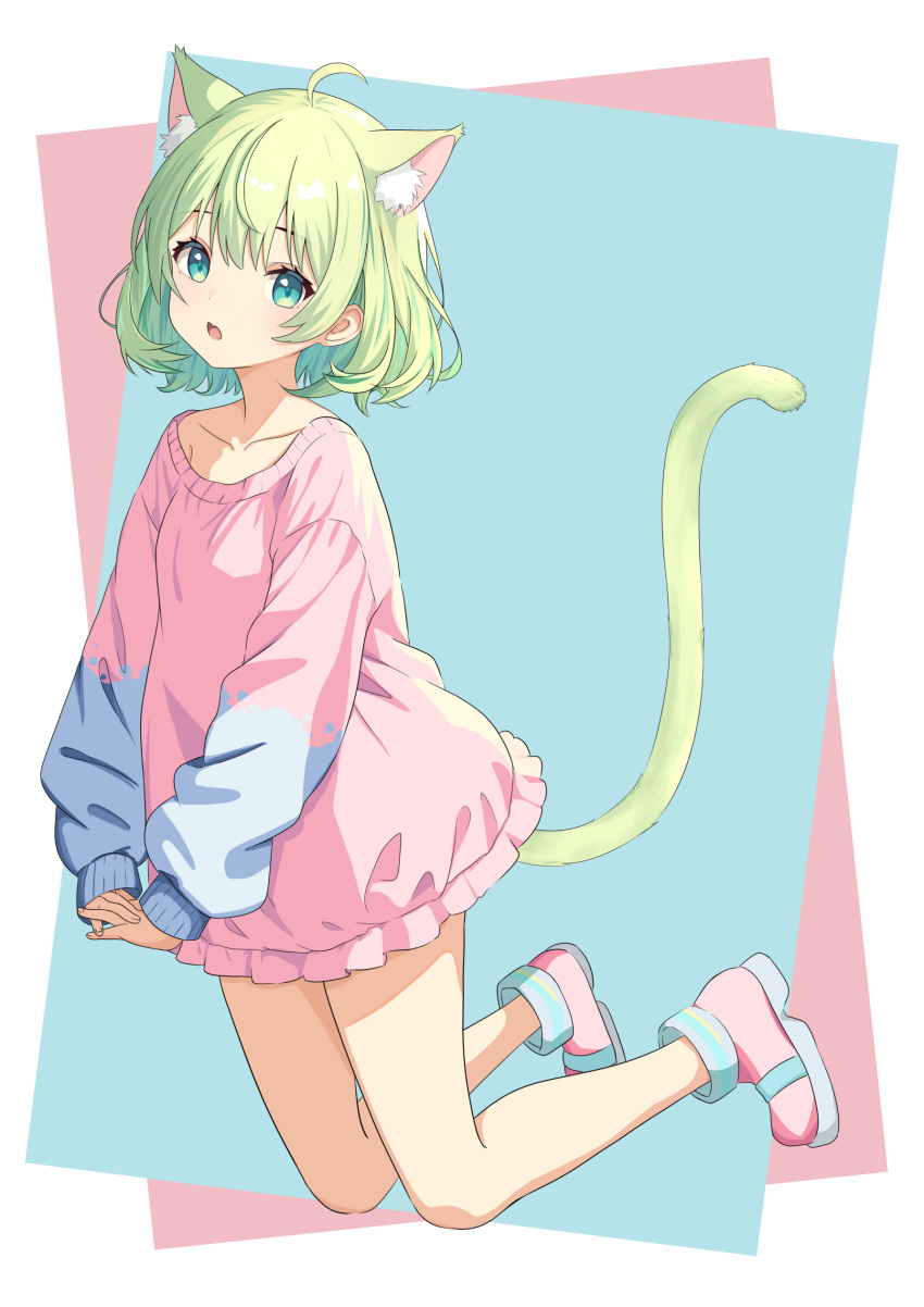 1girl, absurdres, animal_ear_fluff, animal_ears, cat_ears, cat_girl, cat_tail, fang, full_body, green_eyes, green_hair, highres, interlocked_fingers, long_sleeves, looking_at_viewer, neo, no_pants, open_mouth, original, own_hands_together, pink_sweater, puffy_long_sleeves, puffy_sleeves, short_hair, simple_background, skin_fang, sweater, tail