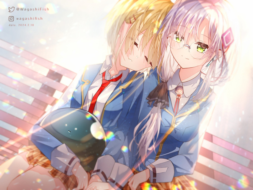 2girls, bench, blonde_hair, blue_jacket, breasts, closed_eyes, collared_shirt, earphones