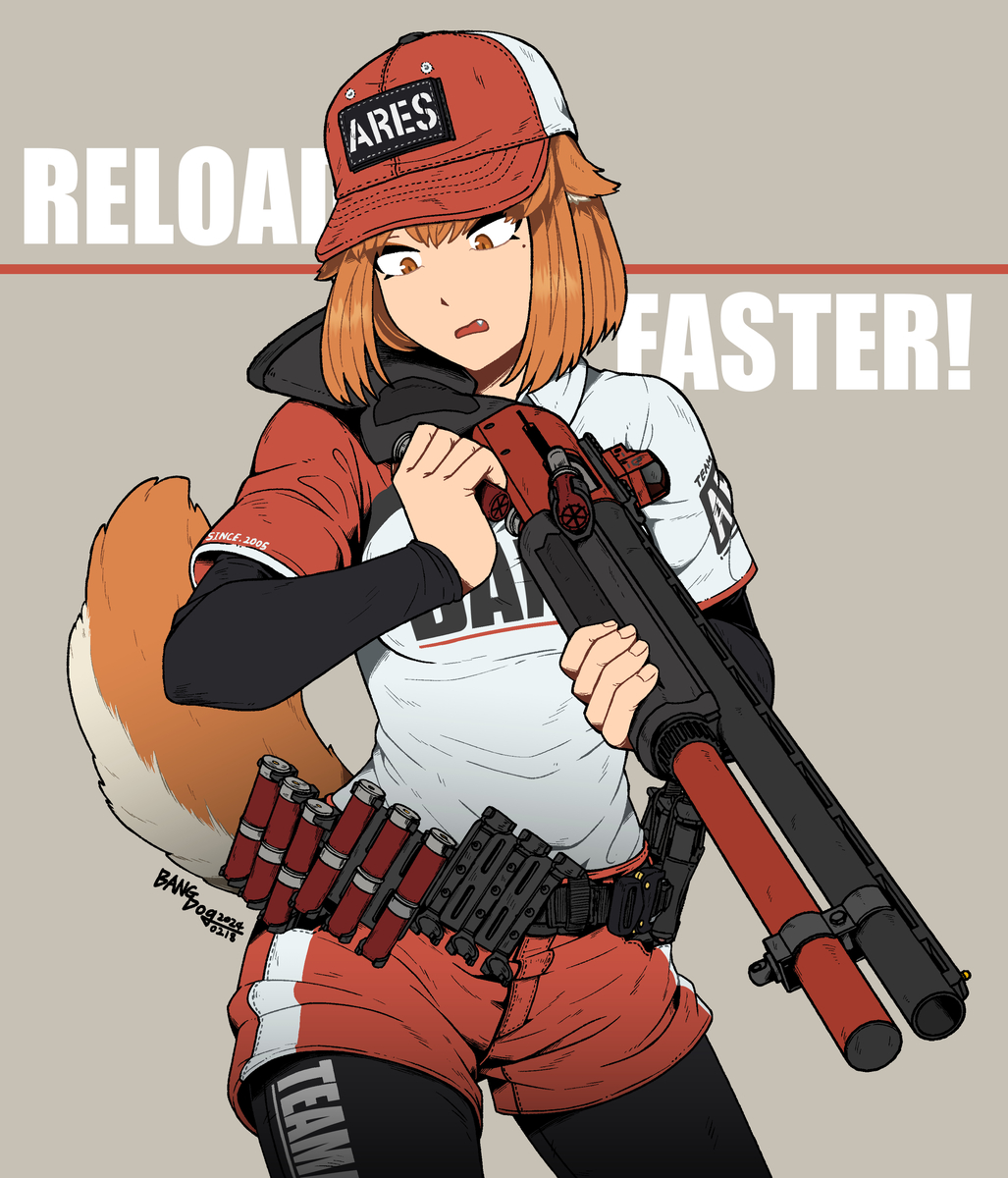 1girl, bangdog, bangdog0313, baseball_cap, black_bodysuit, bodysuit, fang, fox_girl, fox_tail, gun, hat, highres, orange_eyes, orange_hair, original, red_dot_sight, reloading, shirt, short_hair, short_shorts, shorts, shotgun, shotgun_shell, signature, solo, t-shirt, tail, weapon